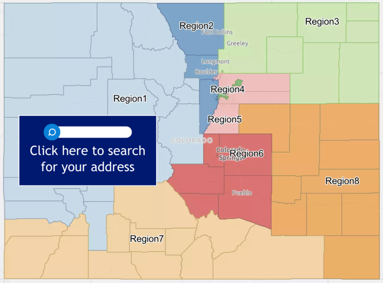 Map of Colorado with different Colorado Works regions highlighted. Text says "Click here to search for your address."