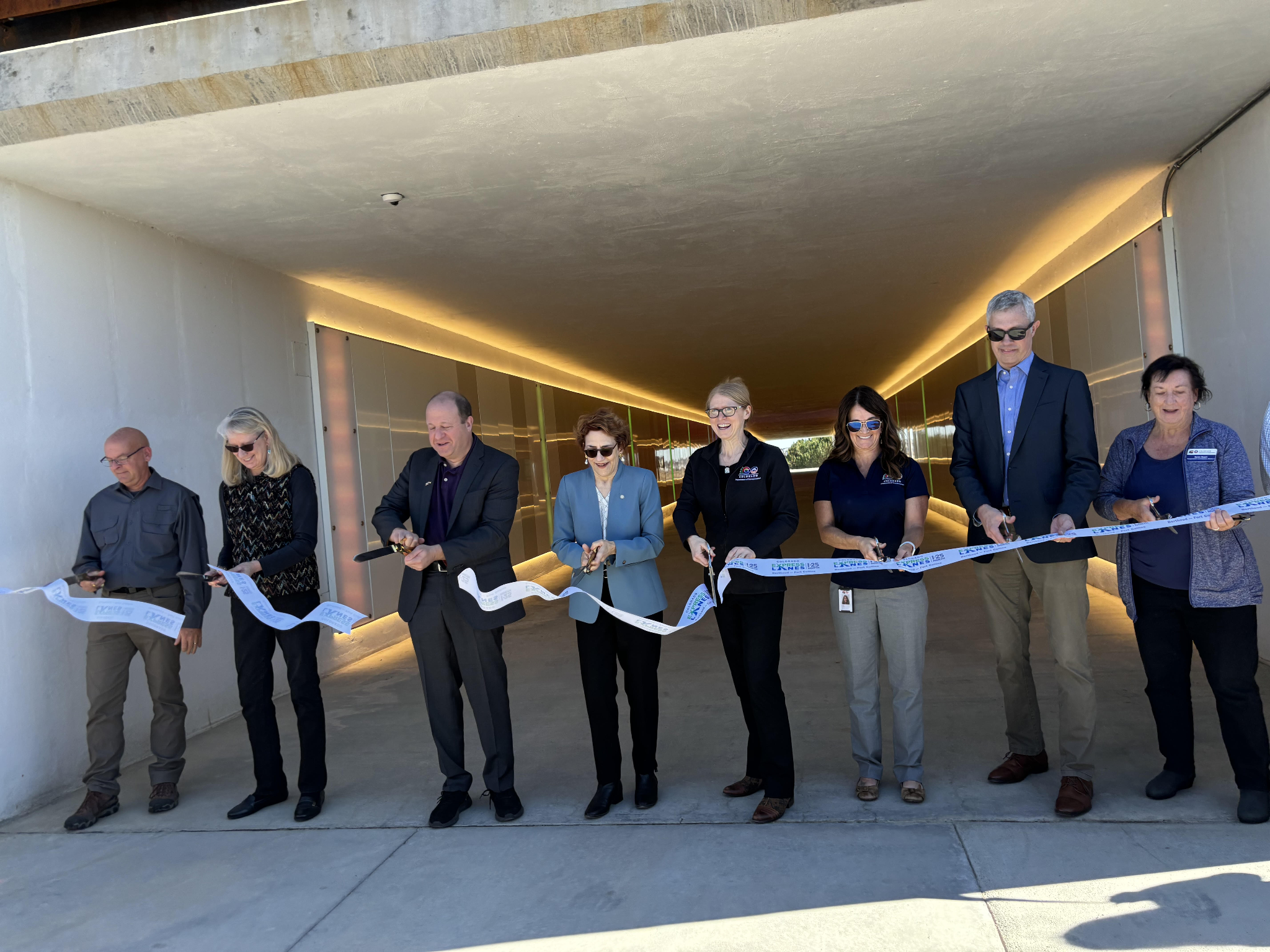 Left to Right: Chris Boespflug, (I-25 Project manager), Kim Perry, McWhinney, Gov, Polly, SL, Heather, Andy Wilson (FHWA CO Division Deputy Director), Transportation Commissioner Karen Stuart