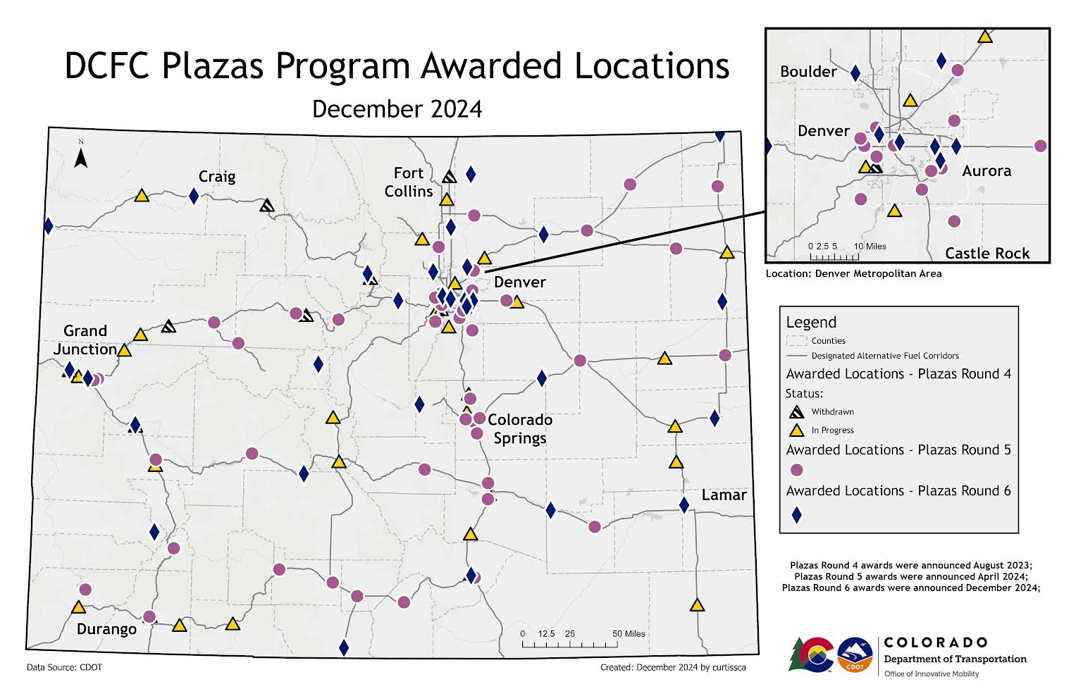 Map of all DCFC plazas sites awarded during the first three federally funded rounds of the program. Sites are evenly scattered along major roads and in some more rural areas all across the state. The largest concentration of sites is in the Denver Metro Area.