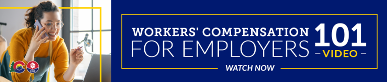Clickable banner image with a person on the phone and while working on their computer, text on the header reads "Workers' Compensation 101 for Employers video, watch now".